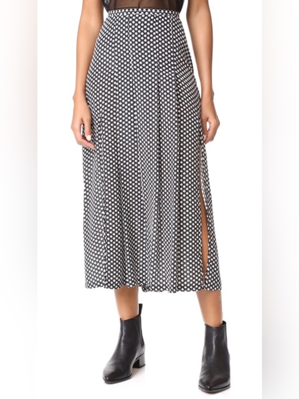 Rixo Georgia Pleated Star Silk Midi Skirt With Slits Black & White